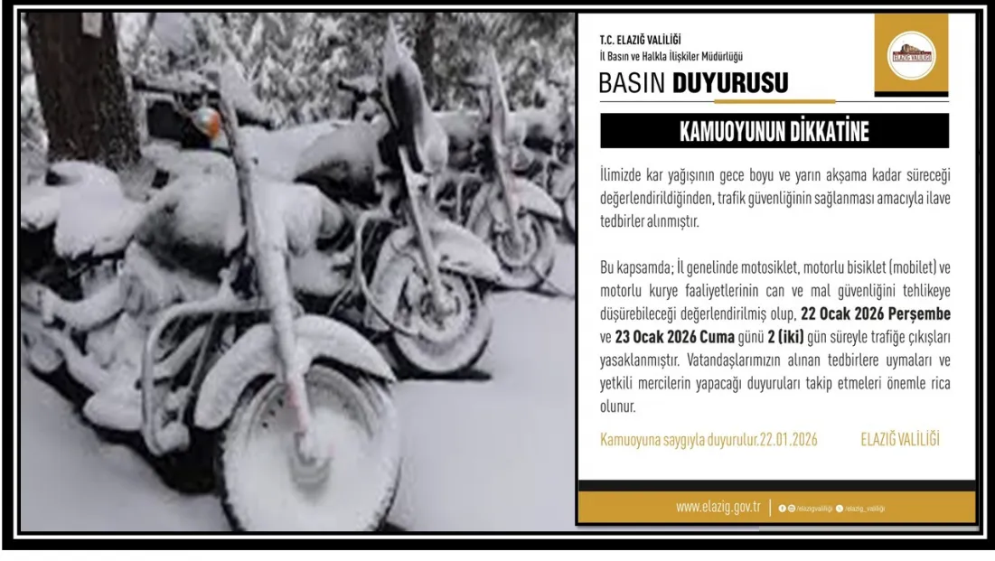 Elazığ’da Kar Yağışı Tedbiri: Motosiklet ve Kuryelere 2 Gün Trafik Yasak