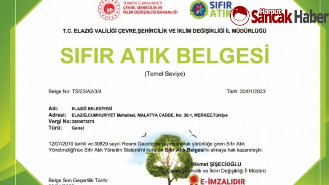 Elazığ Belediyesi Sıfır Atık Belgesini Almaya Hak Kazandı