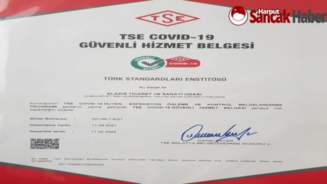 Elazığ TSO 'TSE COVID-19 Güvenli Hizmet Belgesi' Aldı