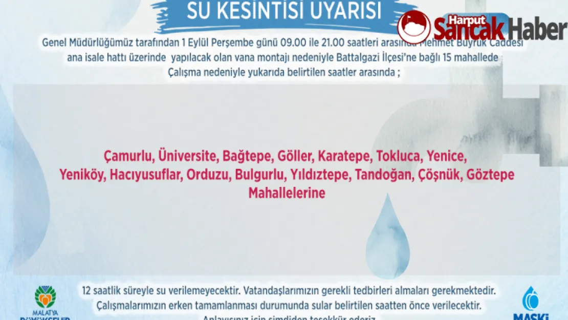 Malatya'da Su Kesintileri Yaşanacak