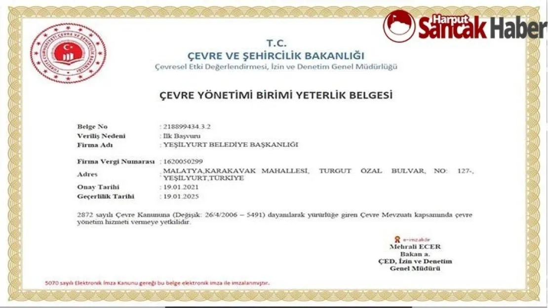 Yeşilyurt Belediyesi, Çevre Yönetim Yeterlilik Belgesini Aldı