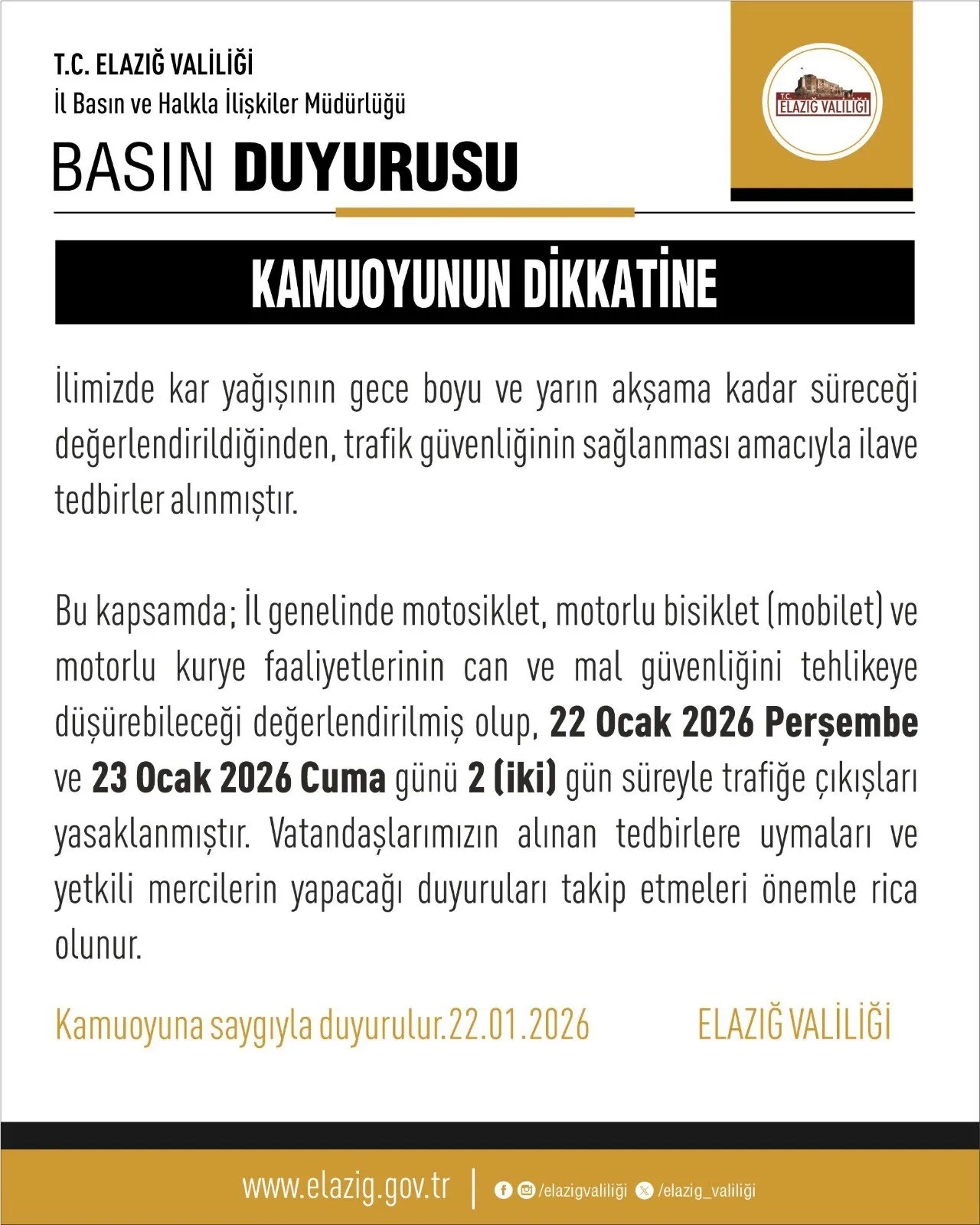 Elazığ'da Kar Yağışı Tedbiri: Motosiklet ve Kuryelere 2 Gün Trafik Yasak