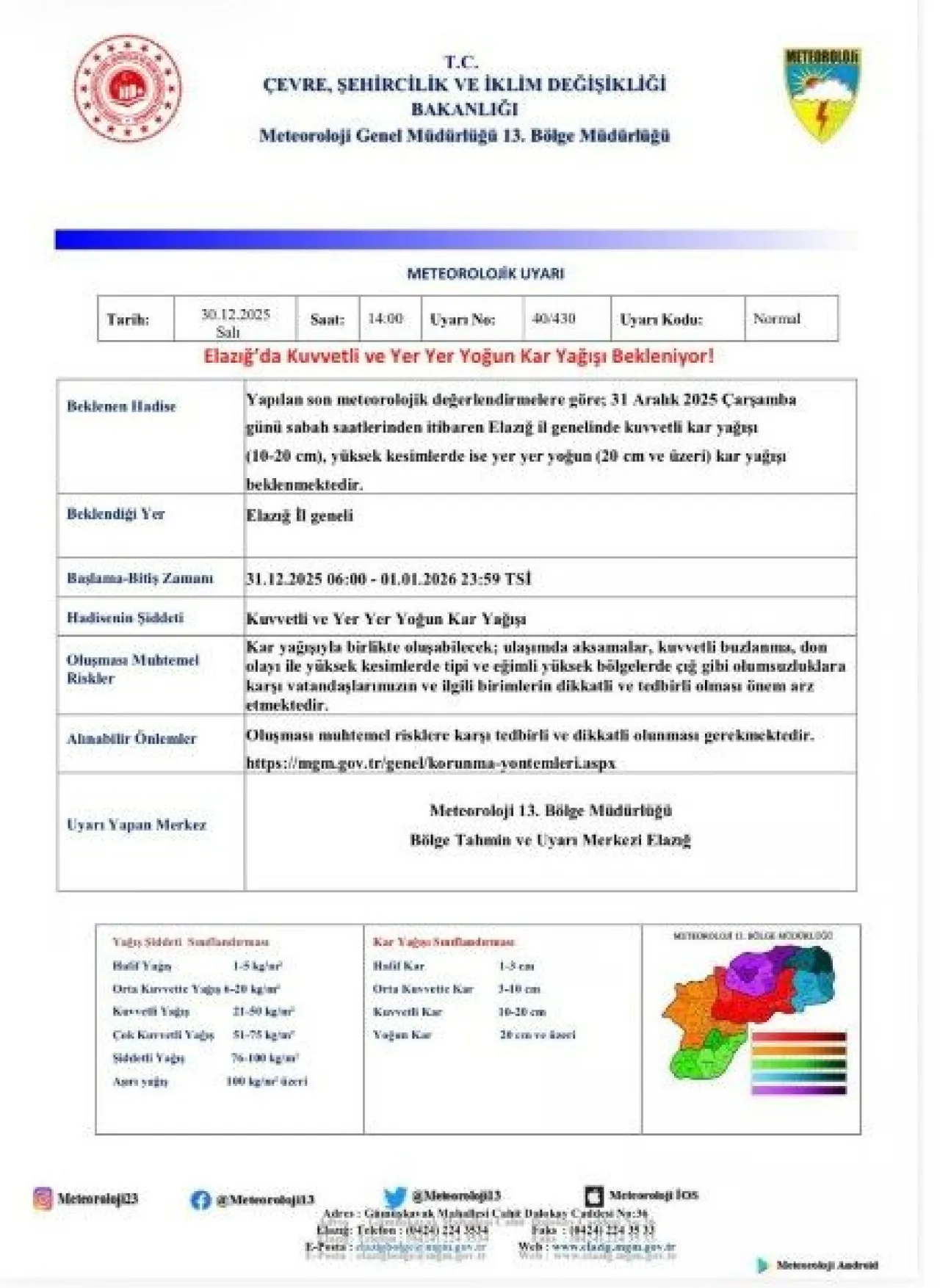 Elazığ Valiliği'nden Kritik Kar Uyarısı…