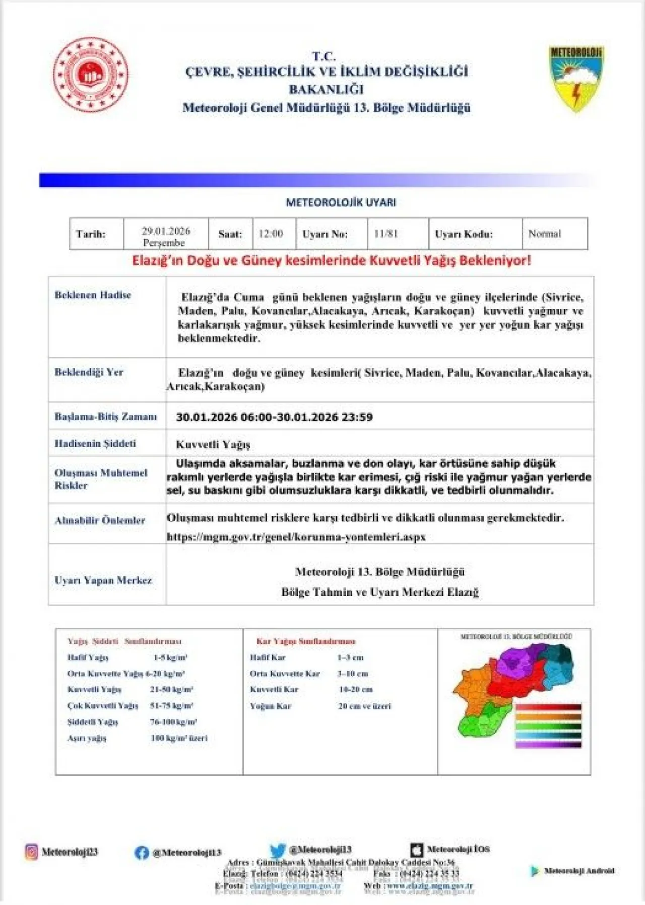 Elazığ'da Kuvvetli Yağış Uyarısı!