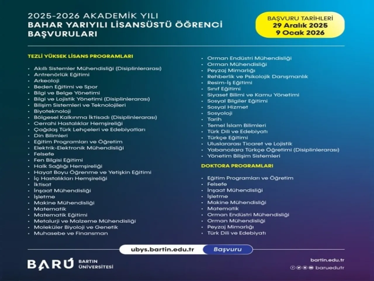 BARÜ'nün 55 Lisansüstü Eğitim Programına Öğrenci Alımı Devam Ediyor