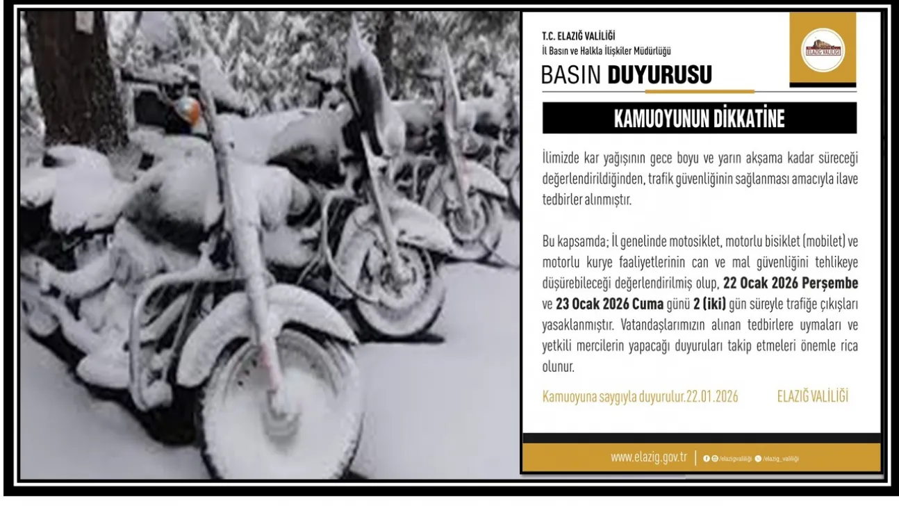 Elazığ'da Kar Yağışı Tedbiri: Motosiklet ve Kuryelere 2 Gün Trafik Yasak