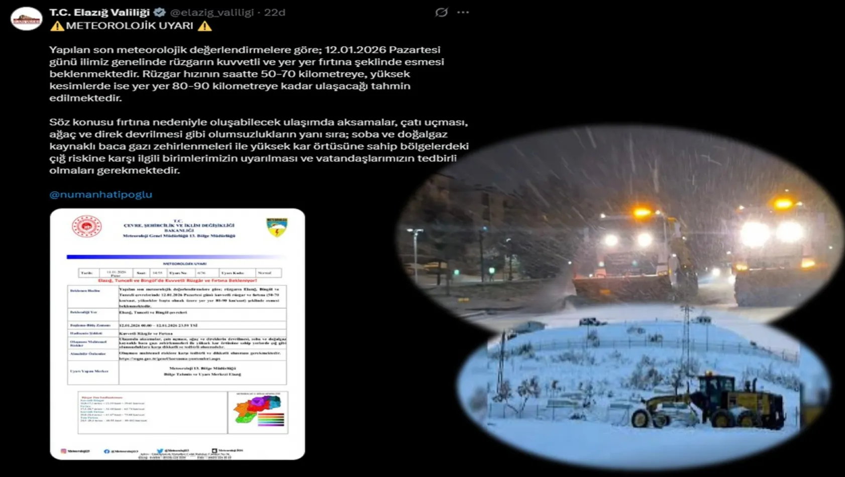 Elazığ Valiliği'nden Kuvvetli Yağış ve Kar Uyarısı