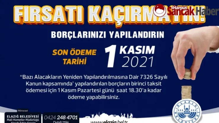 Elazığ Belediyesi'nden Duyuru Yapılandırma İlk Taksit Ödemesinde Son Tarih 1 Kasım