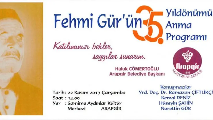 Arapgir'li Halk Şairi Fehmi Gür İçin Anma Programı Düzenleniyor