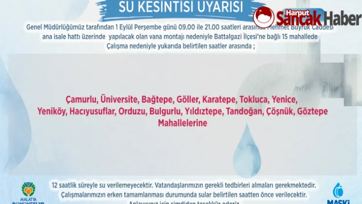 Malatya'da Su Kesintileri Yaşanacak