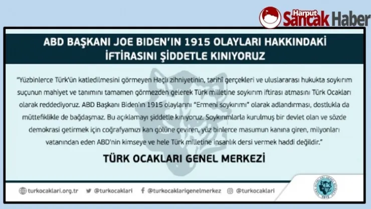 Türk Ocakları Genel Merkezi, ABD Başkanı Joe Bıden'ı Şiddetle Kınadı.
