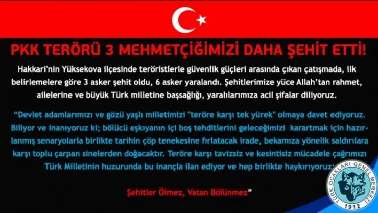 Türk Ocakları'ndan Hakkari'deki Şehitlerimize Taziye